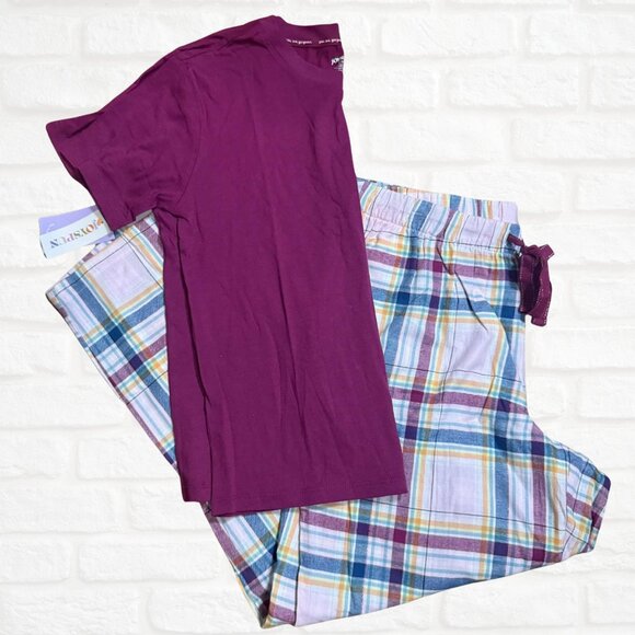 NWT Joyspun Women’s Pajama Set Soft Cotton Tee & Plaid Flannel Pants Medium Gift - Picture 1 of 6